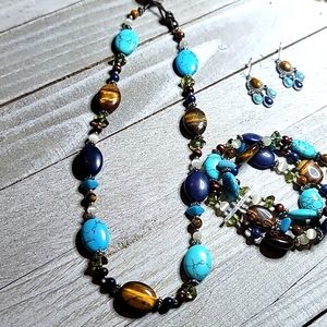 Chaps multi gem and turquoise jewelry set. Earrings, necklace, and bracelet.